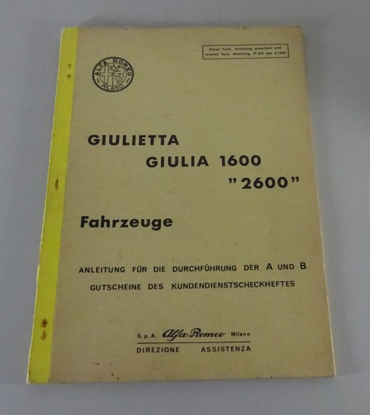 Anleitung Kundendienstscheckheft Alfa Romeo Giulietta, Giulia 2000 / 2600 9/1963