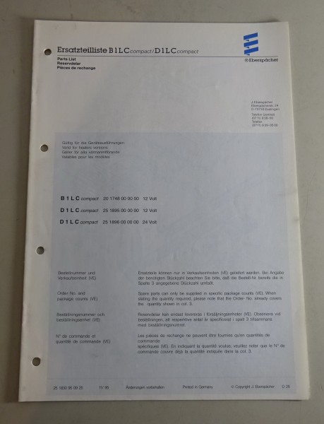 Teilekatalog/Ersatzteilliste Eberspächer Heizgeräte B1LC/D1LC -compact von 11/95