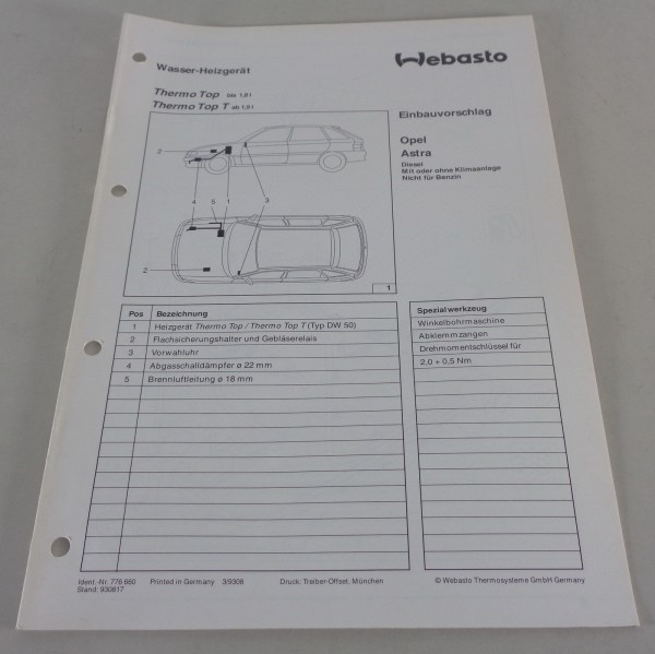 Einbauanweisung Webasto Standheizung Thermo Top / T Opel Astra Stand 03/1993