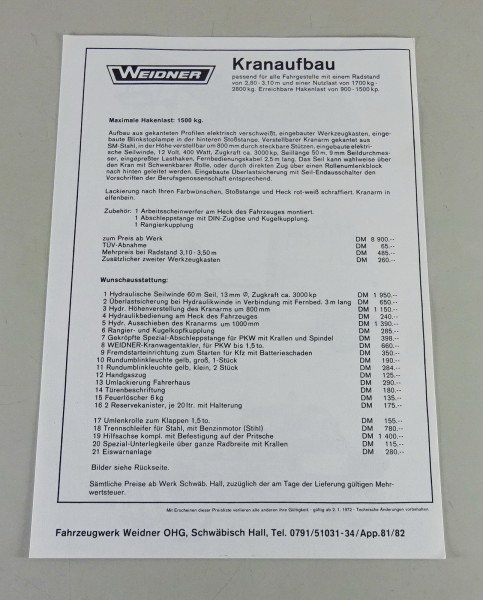 Prospektblatt Weidner Kranaufbau Stand 1973