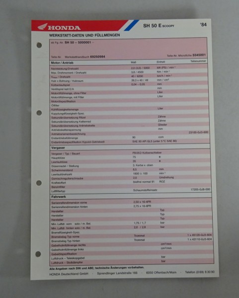 Inspektionsblatt / Wartungsplan Honda SH 50 E Baujahr 1984