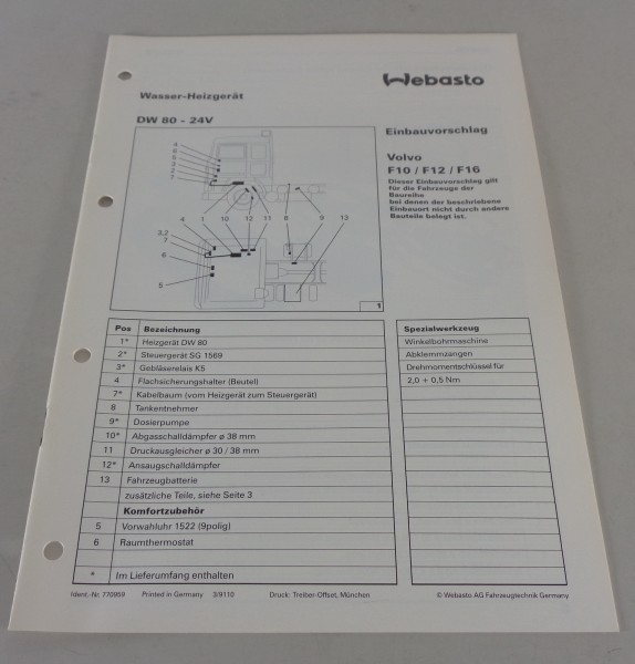 Einbauanweisung Webasto Standheizung DW 80 - 24V Volvo F10 / F12 / F16 von 1991