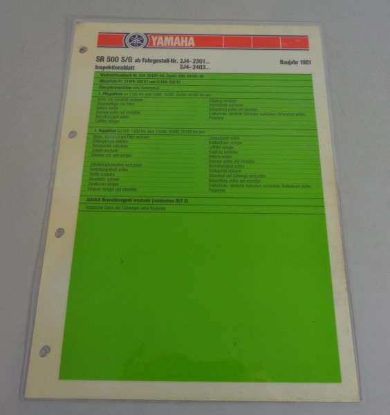 Inspektionsblatt Yamaha SR 500 S / G Typ 2J4 Baujahr 1981