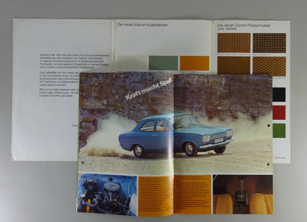 Prospekt / Prospektmappe Farben und Polster Ford Escort ´68 Stand 09/1970