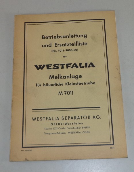 Betriebsanleitung + Teilekatalog Melanlage M 7011 von Westfalia