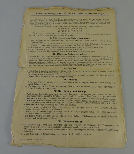 Kurzanleitung / Handbuch Imbert-PUK Holzvergaser / Holzgas 1930er Jahre