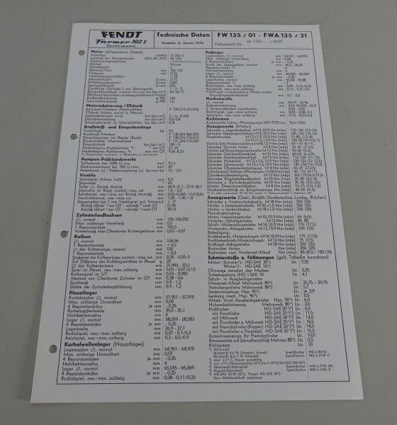 Inspektionsblatt Fendt Farmer 102 S Turbomatik Stand 01/1976