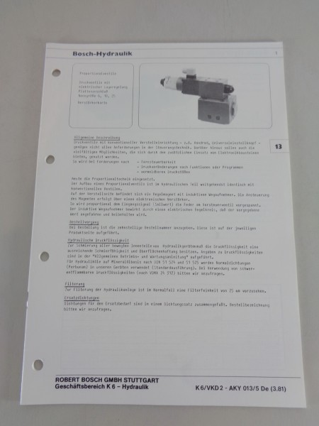 Technische Information / Kenngrößen Bosch-Hydraulik Proportionalventile von 1981