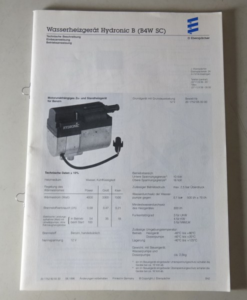 Betriebsanleitung / Einbauanleitung Eberspächer Standhheizung Hydronic B 4WSC