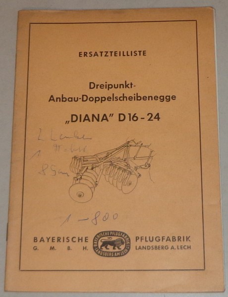 Teilekatalog Bayerische Pflugfabrik Doppelscheibenegge Diana D16-24 von 09/1961