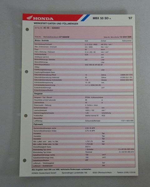 Inspektionsblatt / Wartungsplan Honda MBX 50 SD Baujahr 1987