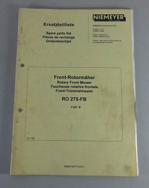 Teilekatalog / Spare Parts Niemeyer Rotormäher RO 275-FB ab 11/97 Stand 11/1998