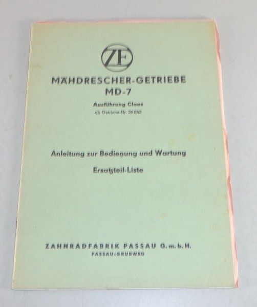 Betriebsanleitung + Teilekatalog ZF Mähdrescher Getriebe MD 7