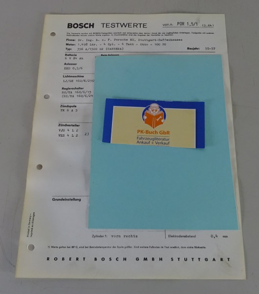 Bosch Testwerte Porsche 356 A / 1500 GS (Carrera) 100 PS Baujahr 1955 - 1957