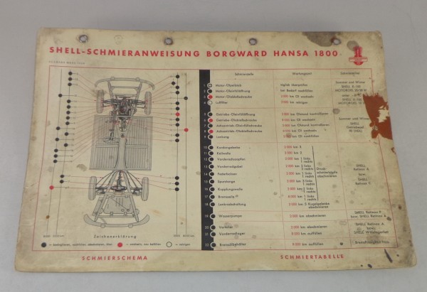 Shell Schmierplan für Borgward Hansa 1800 Stand 03/1954