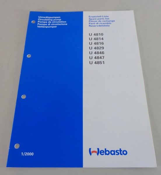 Teilekatalog Webasto Umwälzpumpen U 4810 / U 4814 / U 4816 / U 4829 von 01/2000