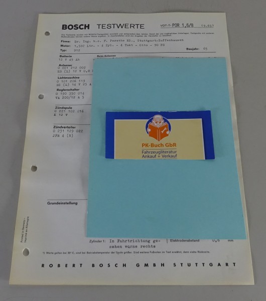 Bosch Testwerte Porsche 912 1,582 Ltr. 4 Zyl. 90 PS Baujahr 1965