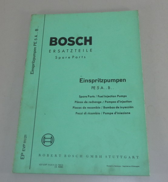 Teilekatalog / Parts list Bosch Einspritzpumpen PE 5 A.. B.. von 03/1966