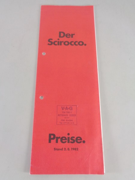 Preisliste / Broschüre Volkswagen / VW Scirocco II Typ 53b Stand 08/1982