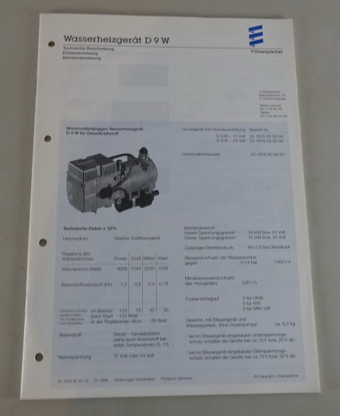 Technische Beschreibung/Einbauanweisung Eberspächer Wasserheizungsgeräte D9W