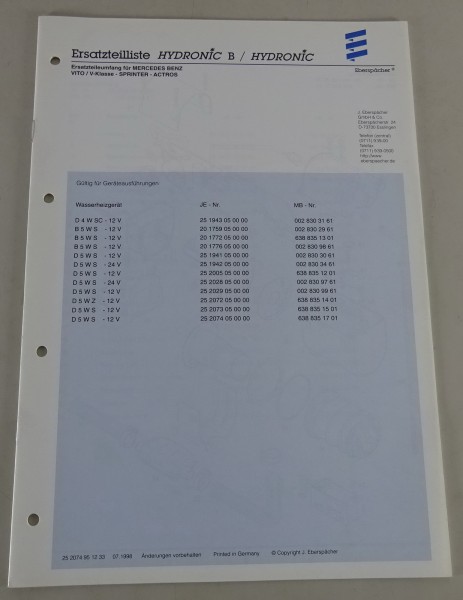 Teilekatalog / Ersatzteilliste Eberspächer Hydronic B / Hydronic für Mercedes